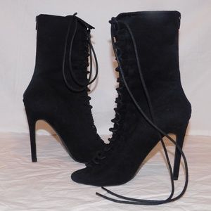 Black Suede Open Toe Tie Up High Heel Shoe